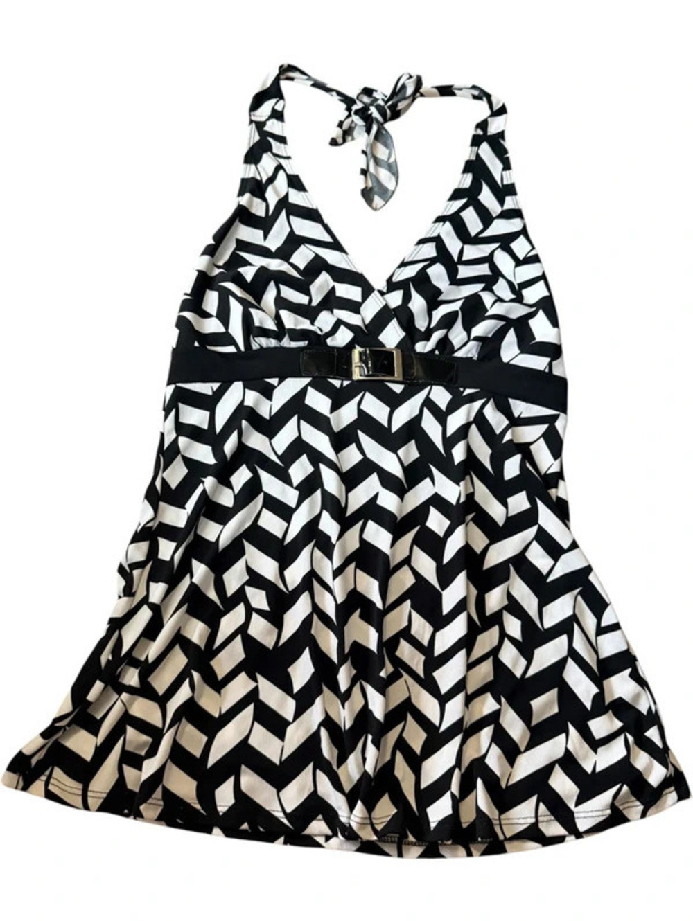 Judy Knapp Black White Geometric Halter Top Shirt Belted Size S 2131